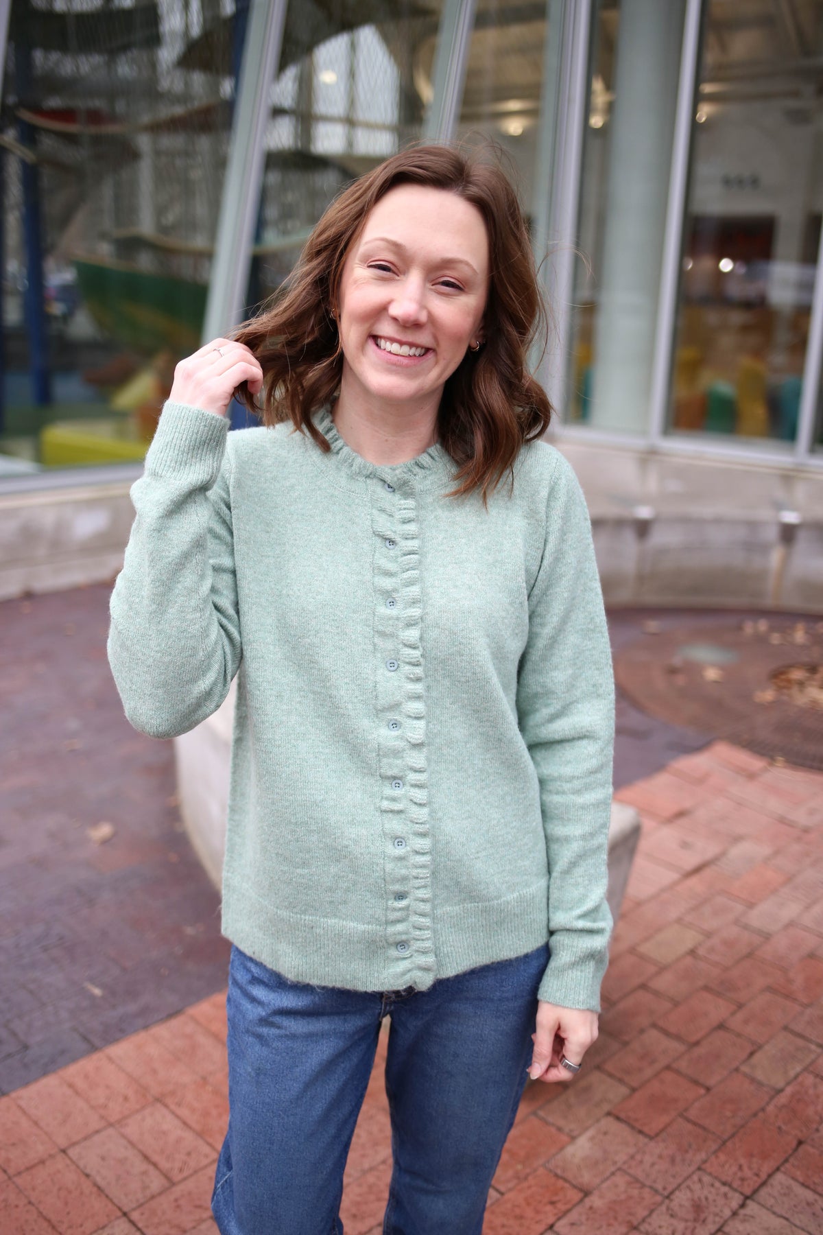 Sage Green Ruffle Hemline Cardigan