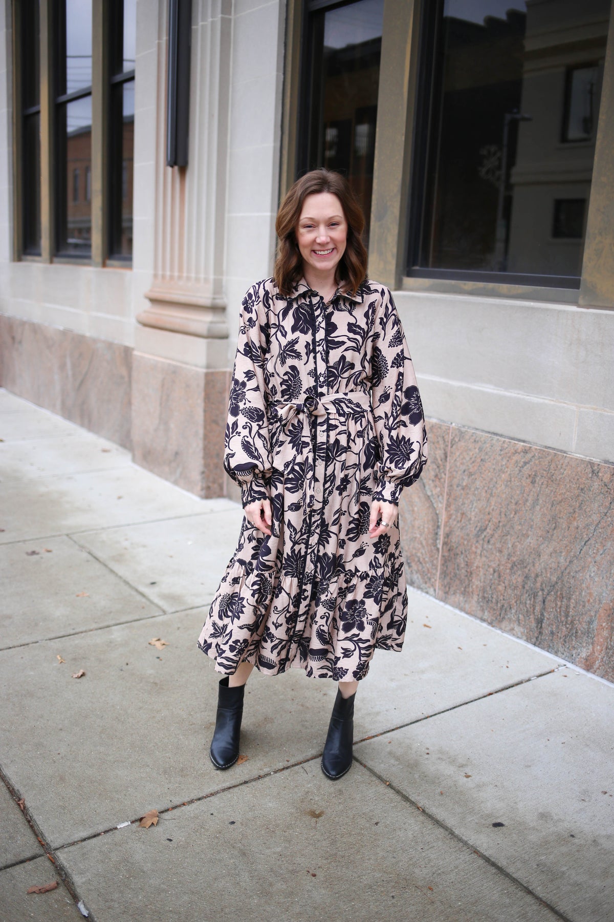 Taupe and Black Printed Midi Dress | Delaney