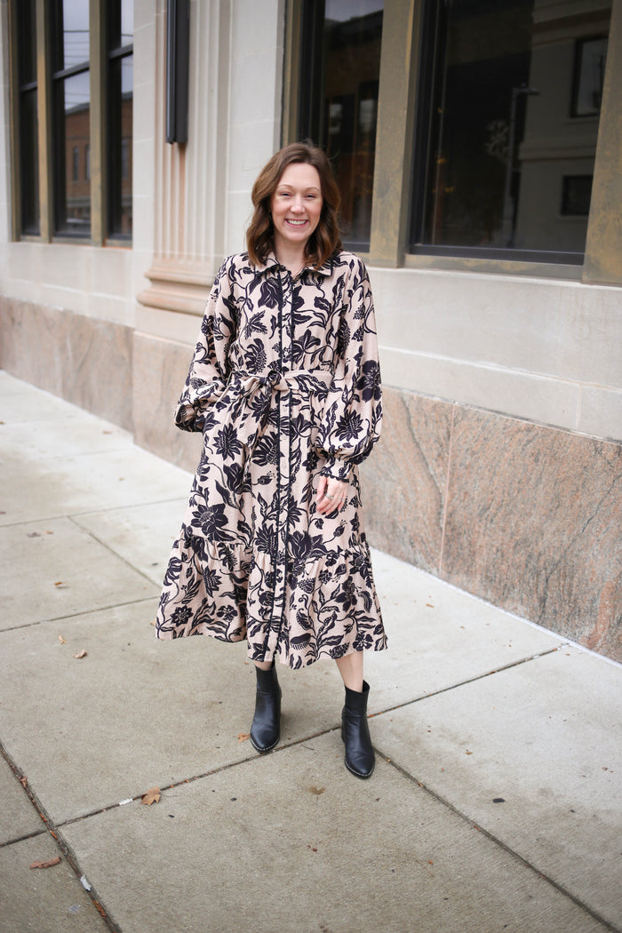 Taupe and Black Printed Midi Dress | Delaney