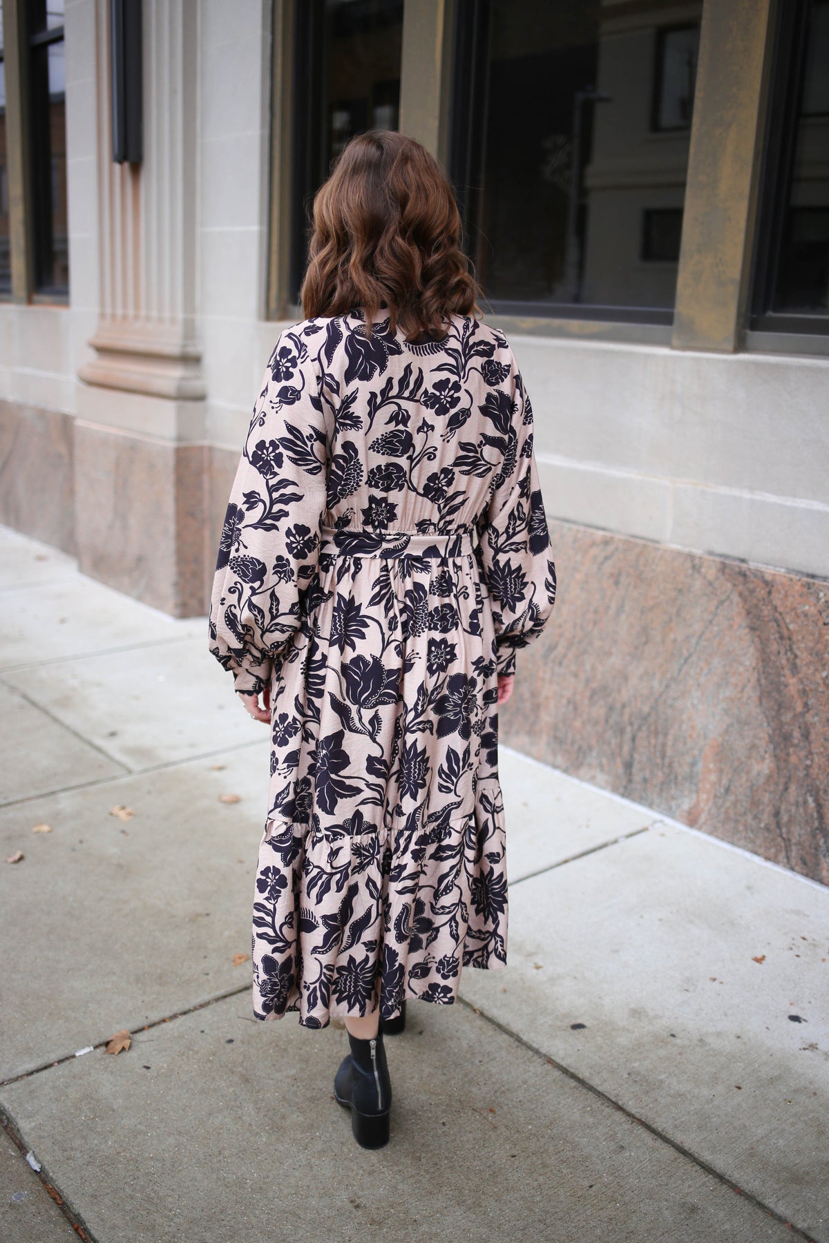 Taupe and Black Printed Midi Dress | Delaney