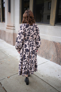 Taupe and Black Printed Midi Dress | Delaney