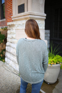 back detail of the heathered olive long sleeve top