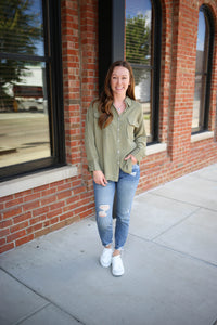 Lightweight Button-Down Stitch Detail Shacket | Boutique Elise | Gretchen Blu Pepper