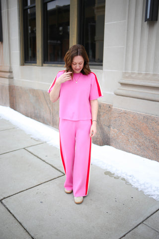 Pink and Red Stripe Short Sleeve Top and Pant Set | Portia Entro