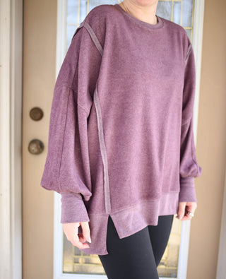Cozy Fleece Hem Detail Plum Sweatshirt | Boutique Elise Hyfve