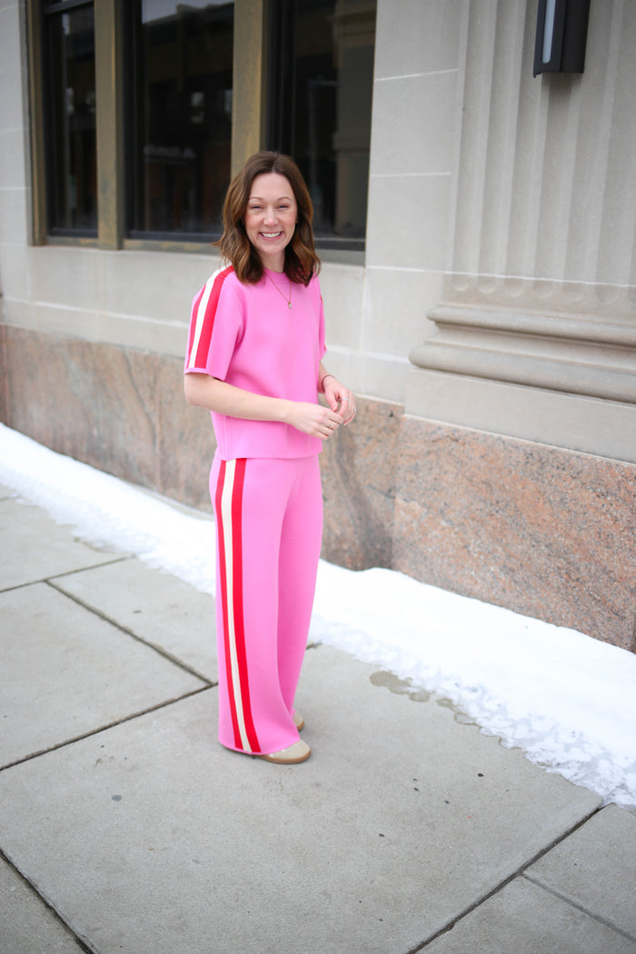 Pink and Red Stripe Short Sleeve Top and Pant Set | Portia Entro