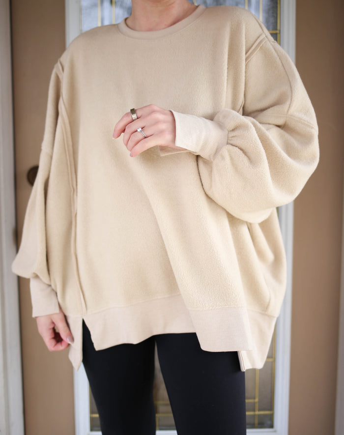 Cozy Fleece Hem Detail Cream Sweatshirt | Boutique Elise Hyfve