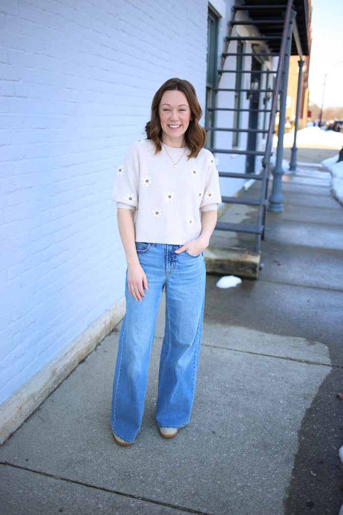 Oatmeal Floral Embroidery Cropped Sweater | Florence Sunday Edition