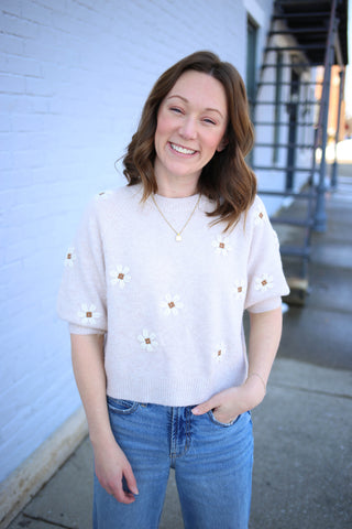 Oatmeal short sleeve sweater with floral embroidery