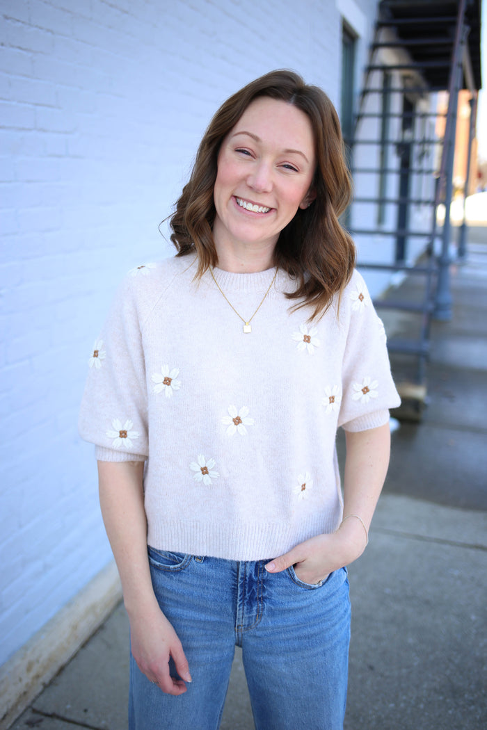 Oatmeal short sleeve sweater with floral embroidery
