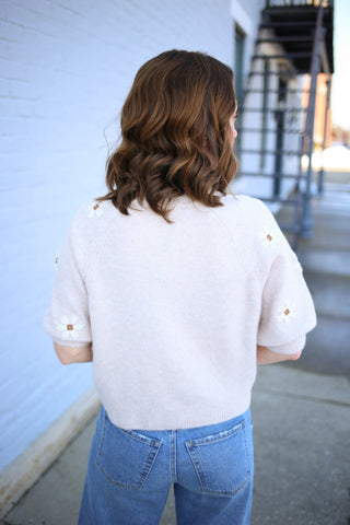 Oatmeal Floral Embroidery Cropped Sweater | Florence Sunday Edition