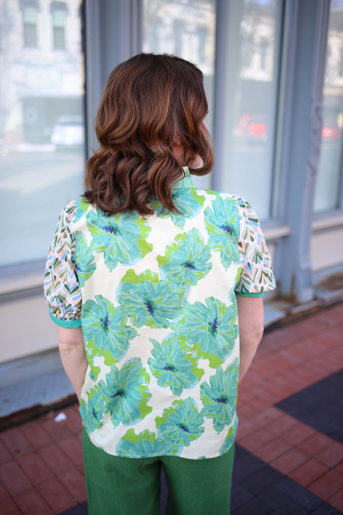 Green Floral Mixed Print Short Sleeve Top | Cara Staccato