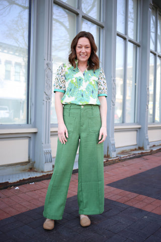 Green Floral Mixed Print Short Sleeve Top | Cara Staccato