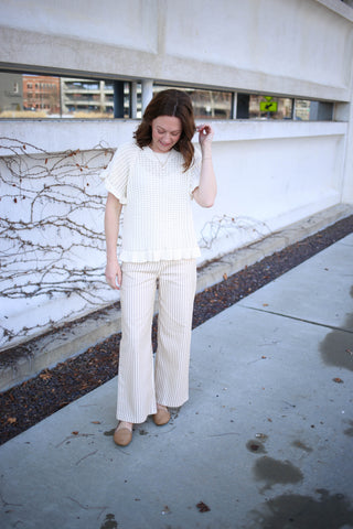 Ecru Open Knit and Ruffle Hem Short Sleeve Top | Avery Entro