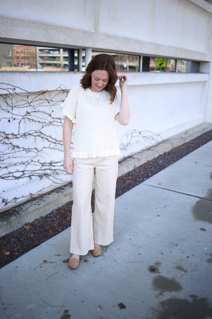 Ecru Open Knit and Ruffle Hem Short Sleeve Top | Avery Entro