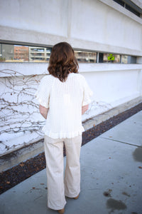 Ecru Open Knit and Ruffle Hem Short Sleeve Top | Avery Entro