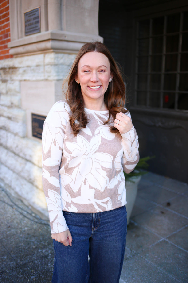 Taupe and Ivory Floral Boatneck Sweater | Boutique Elise | Flora Staccato