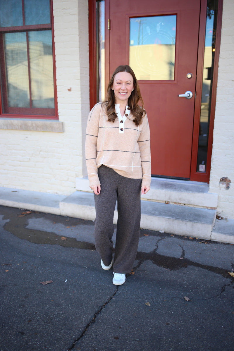 Natural and Black Stripe Henley Sweater | Boutique Elise | Hailey Staccato
