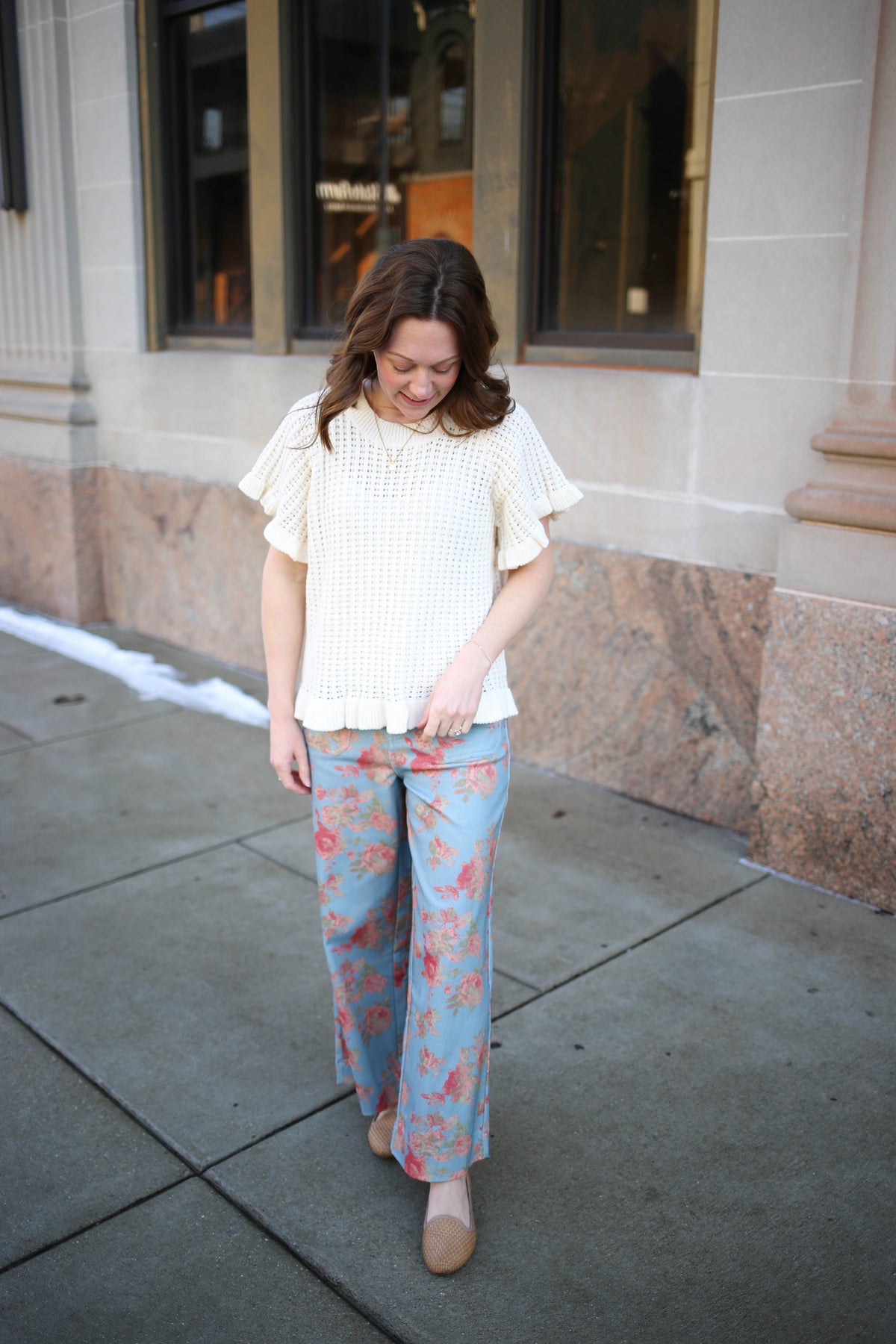 Denim Blue and Peach Floral Print Pant | Tara Entro