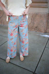 Light denim and peach floral print crop pants
