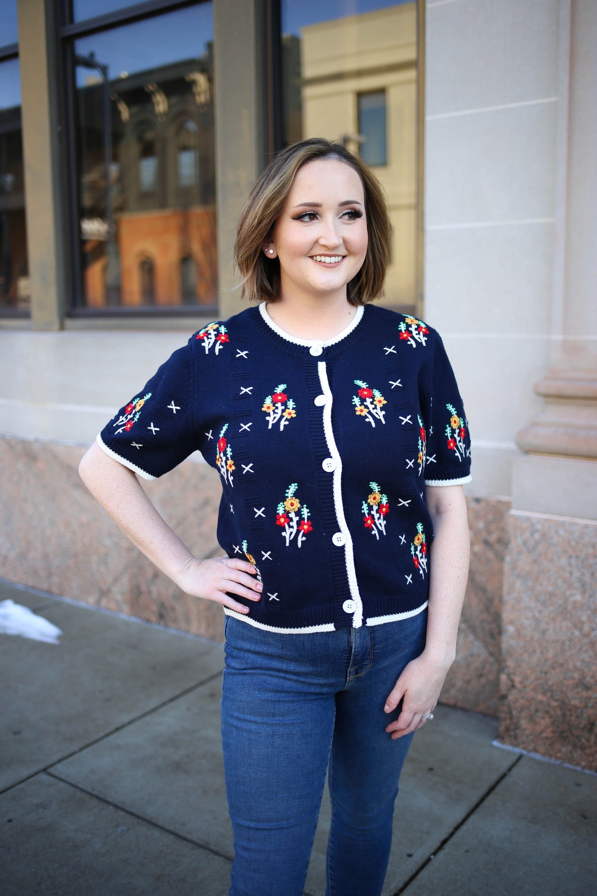 Navy and Floral Detail Short Sleeve Cardigan | Samantha Jodifl