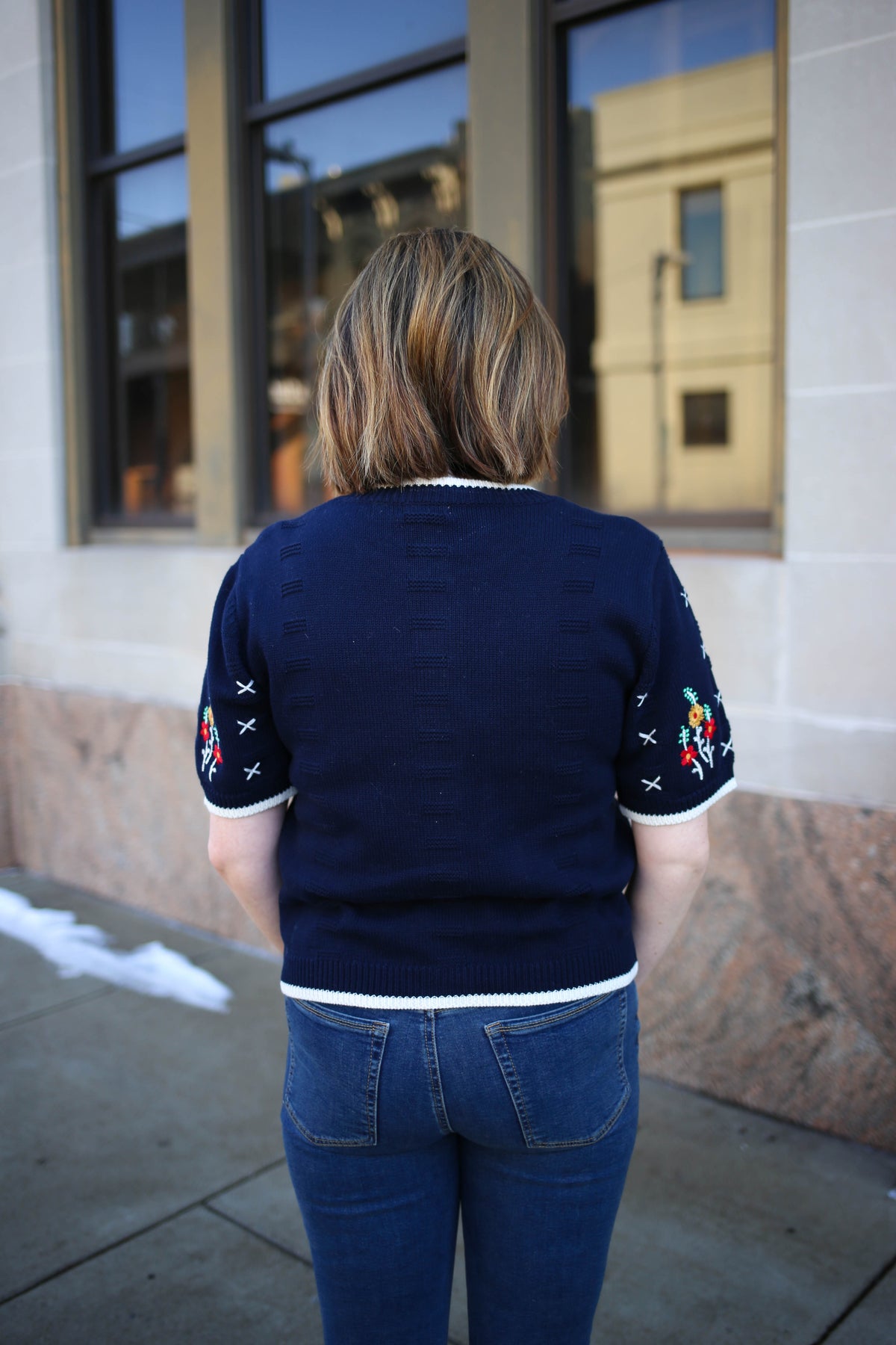 Navy and Floral Detail Short Sleeve Cardigan | Samantha Jodifl