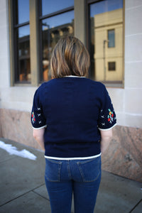 Navy and Floral Detail Short Sleeve Cardigan | Samantha Jodifl
