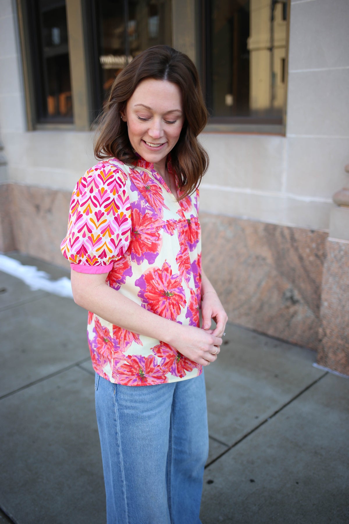 Pink Floral Mixed Print Short Sleeve Top | Cara Staccato