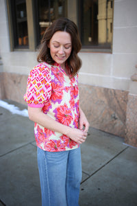 Pink Floral Mixed Print Short Sleeve Top | Cara Staccato