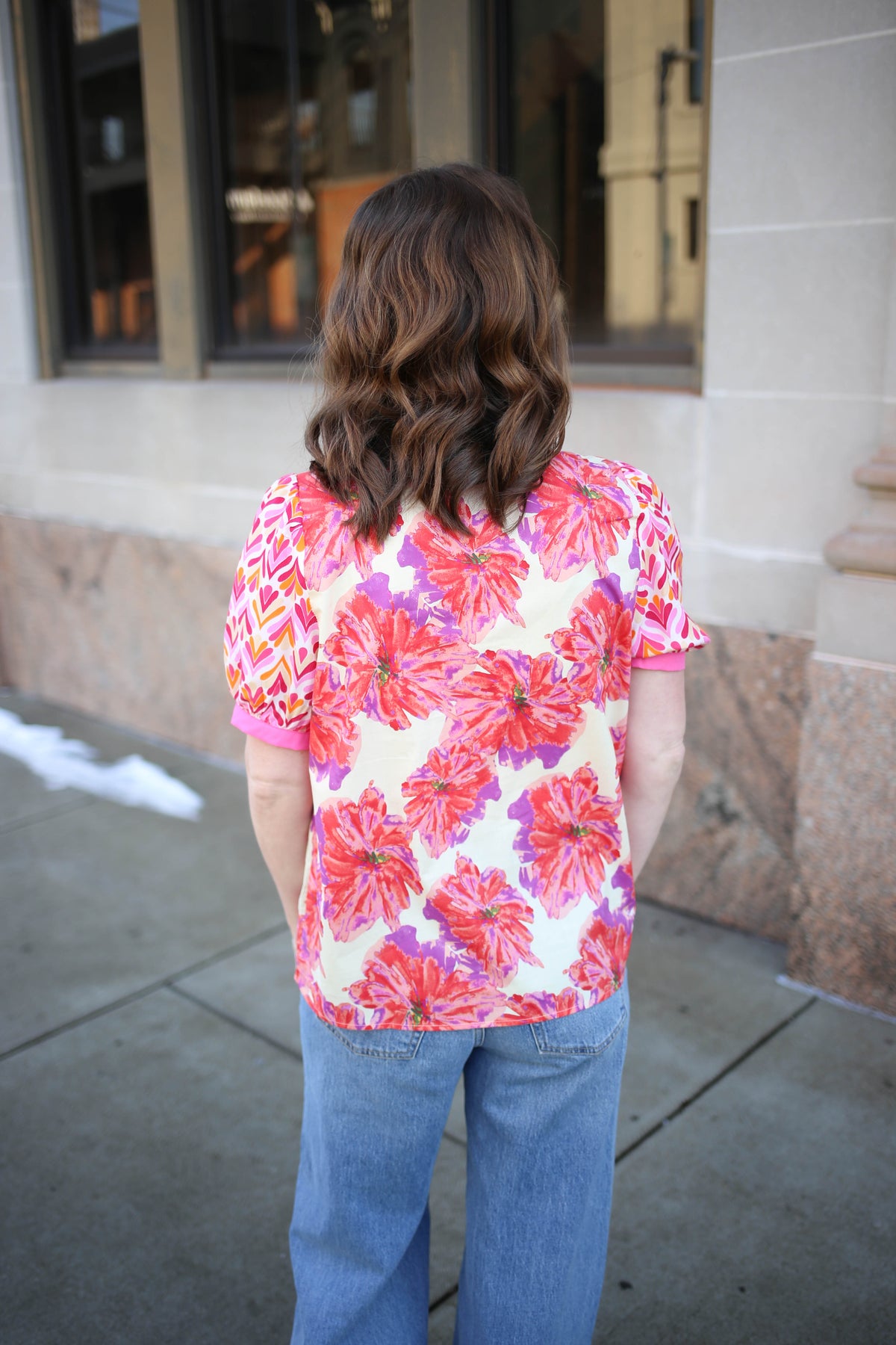 Pink Floral Mixed Print Short Sleeve Top | Cara Staccato