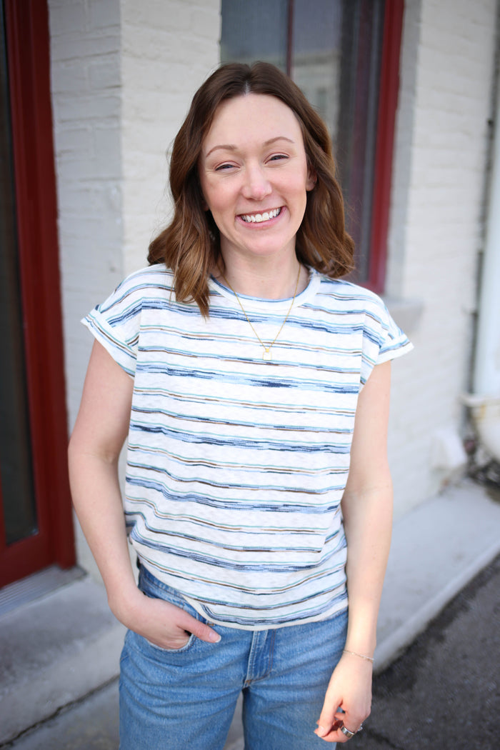 Green and Blue Stripe Cap Sleeve Top | Erica Staccato