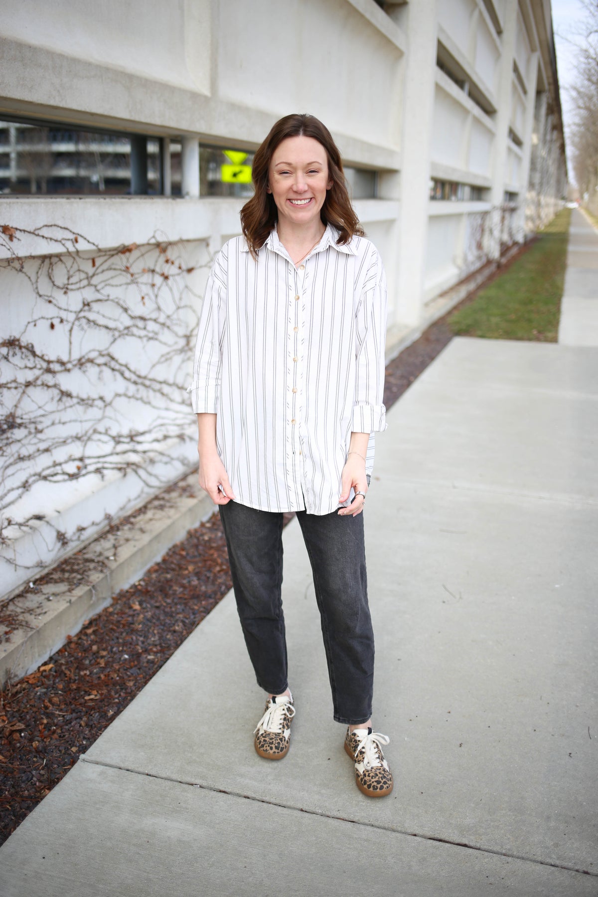 Charcoal Stripe Relaxed Fit Button-Down Top | Melissa Blu Pepper