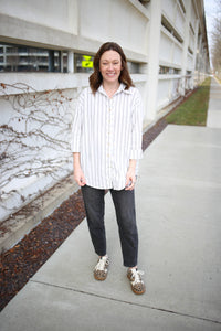 Charcoal Stripe Relaxed Fit Button-Down Top | Melissa Blu Pepper