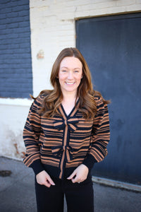 Tan and Black Stripe Bow Sweater | Boutique Elise | Sadie Jodifl
