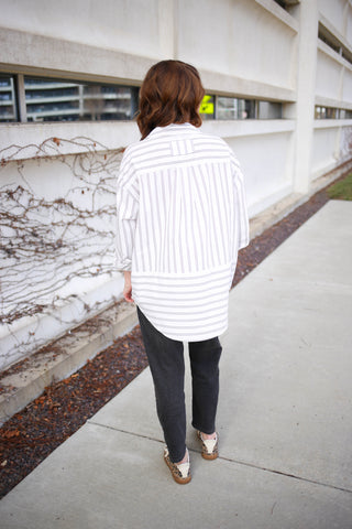 Charcoal Stripe Relaxed Fit Button-Down Top | Melissa Blu Pepper