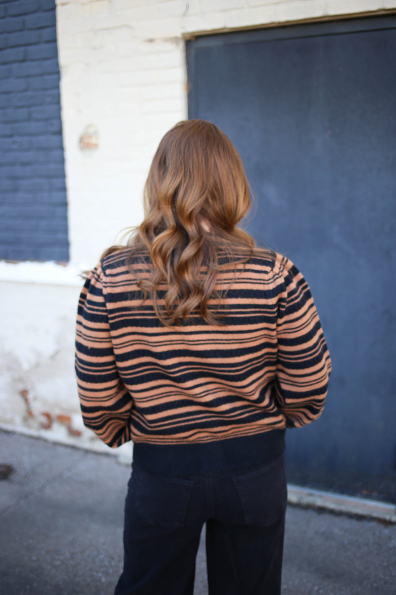 Tan and Black Stripe Bow Sweater | Boutique Elise | Sadie Jodifl