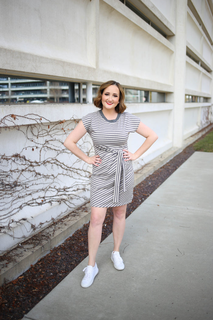 Heather Grey Stripe T-Shirt Dress with Tie Waist, Staccato