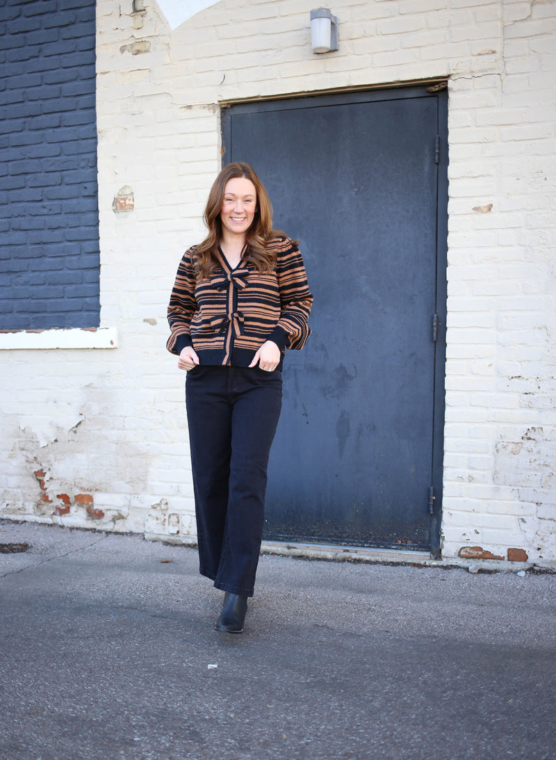Tan and Black Stripe Bow Sweater | Boutique Elise | Sadie Jodifl