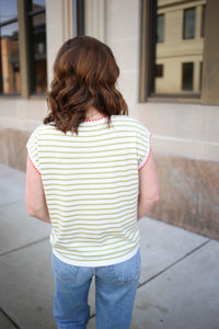 Green White and Orange Stripe Stitch Detail Top | Whitney Staccato