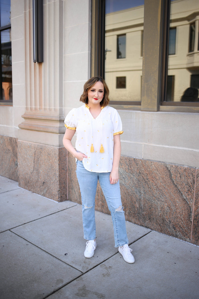 Lemon Embroidered Peasant Top | Layla Staccato