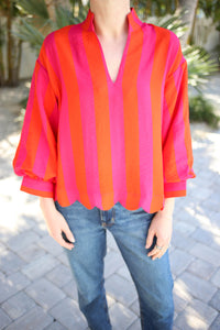 Orange and Fuchsia Pink Stripe Top with Puff 3/4 Sleeves