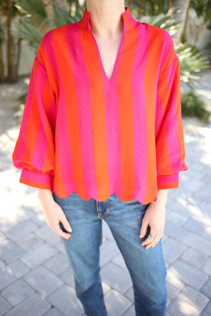 Orange and Fuchsia Pink Stripe Top with Puff 3/4 Sleeves