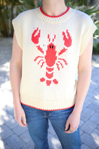 oatmeal knit sleeveless top with red lobster detail