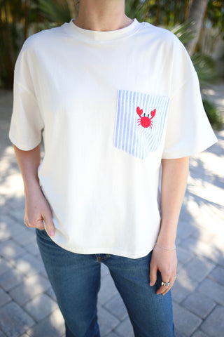 White Short Sleeve Top with Crab Embroidery Pocket Detail | Crissy Gilli