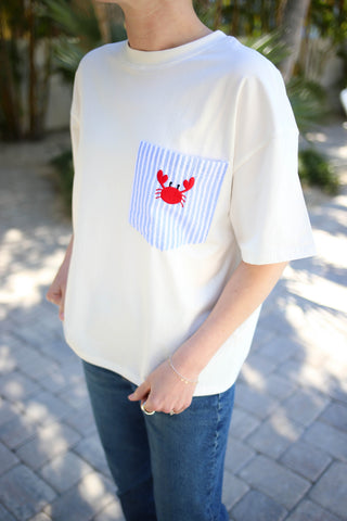 White Short Sleeve Top with Crab Embroidery Pocket Detail | Crissy Gilli