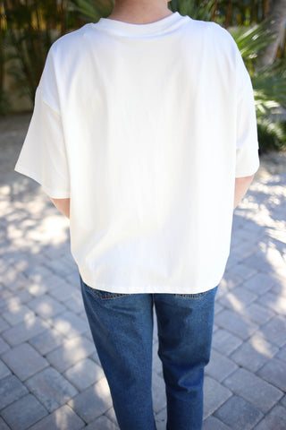 White Short Sleeve Top with Crab Embroidery Pocket Detail | Crissy Gilli