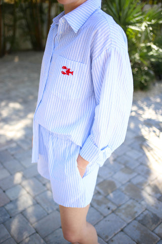 Blue Stripe Button Down with Lobster Embroidery Pocket Detail | Callie Gilli