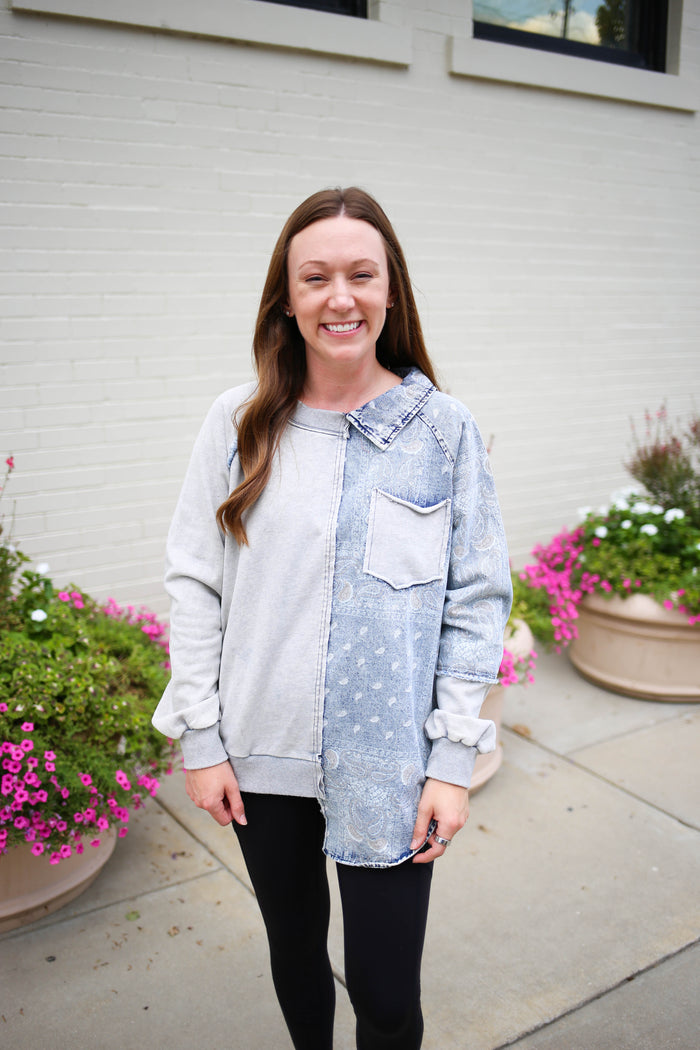 grey and denim print contrast sweatshirt