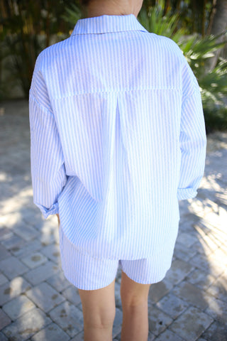 Blue and White Stripe Boxer Short with Lobster Embroidery Detail | Tia Gilli