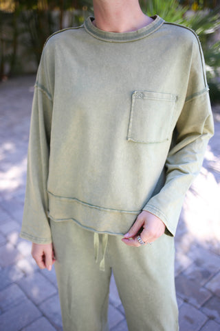 Green Mineral Wash Long Sleeve Top and Pants Set | Mandy Very J